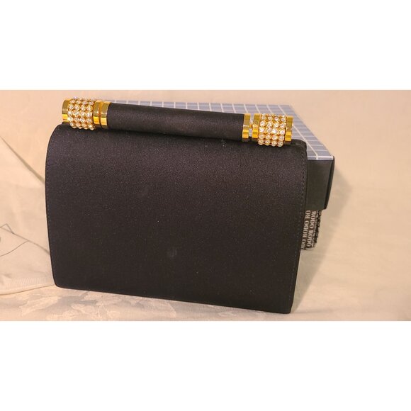 VINTAGE RODO Italy Black Satin Evening Clutch Rhinestone Crystal Clasp Minaudier - Picture 3 of 16
